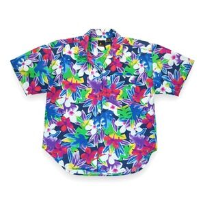 Vintage 80s LizSport Women's Shirt Colorful Button Up Floral Collared Hawaiian M